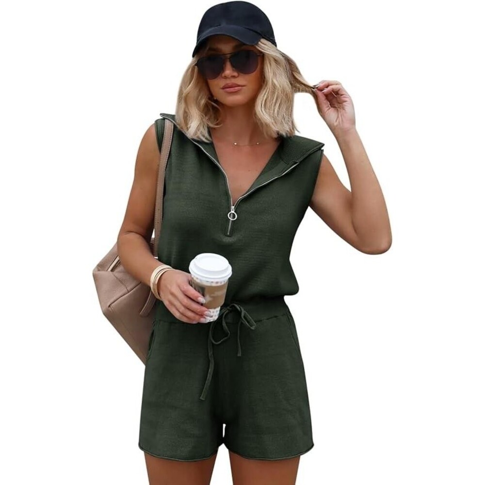 Sleeveless Rompers One Piece Half Zip Lapel Collar Drawstring Knit Short Jumpsui